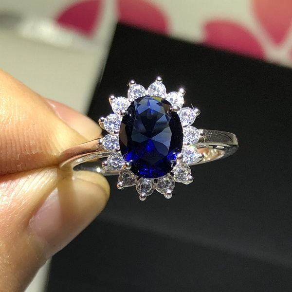 Size 5 10 Princess Diana William Kate Middleton S 3ct Created Blue Gemstone Engagement 925 Sterling Silver Ring For Women Wish