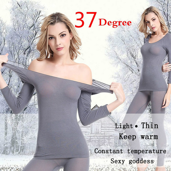 Women Warm Winter Ultra-Thin Seamless Thermal Underwear Ladies Soft Elastic  Underwear Set 2 Pieces Long-sleeved Suit