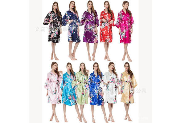 peacock print satin kimono robe