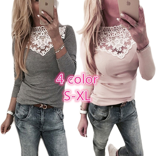 Stylish Shirt Collar Loose-Fitting Lace Splicing Long Sleeve Blouse For  Women