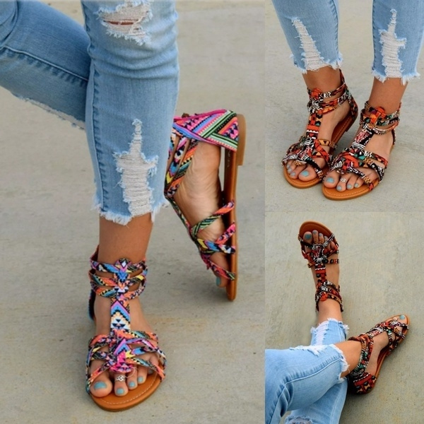 floral flat ankle strap peep toe casual gladiator sandals