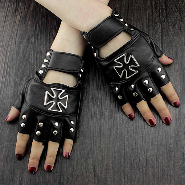 Cross Studded Punk Rock Biker Womens Fingerless Leather Gloves #3031