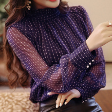 Women Fashion Long Sleeve Shirt Chiffon Purple White Polka Dot High Collar Blouse Autumn Summer Top