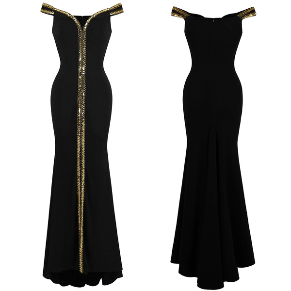 Angel-fashions Women's Off Shoulder V Neck Floor Length Black Formal Gown 398