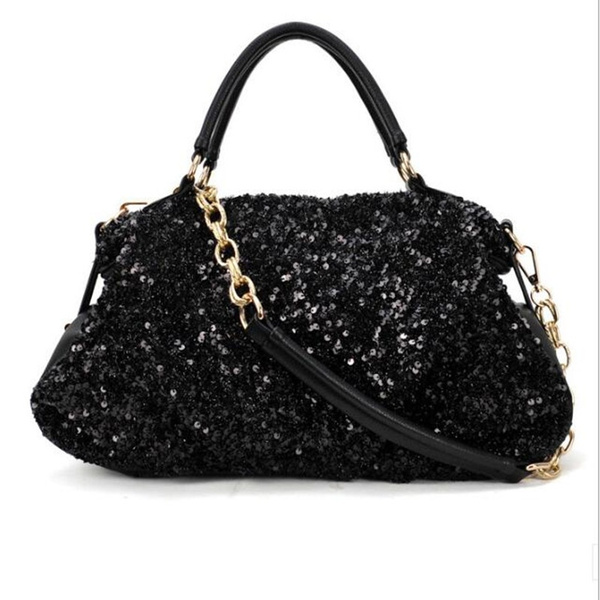 Black Womens Paillette Bling Sequins Handbag Leather Tote Shoulder Bag ...