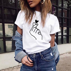 Fashion Women Summer Casual T-shirt Love Gesture Printed Short Sleeve Tee Tops S-3XL