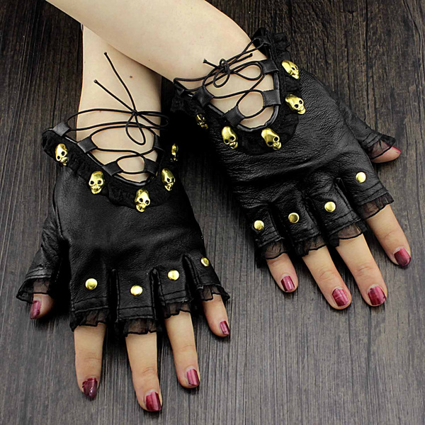 Gold Skull Studded Punk Rock Biker Womens Fingerless Real Leather Gloves