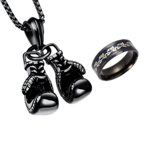 Double Fist Boxing Gloves Necklace Dragon Tungsten Carbide Titanium Steel Ring For Men Style Stainless Steel Chain Men Necklace Ring Set Wish