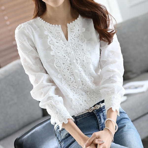 Women Chiffon Blouse Elegant Lace White Work Shirts Long Sleeve