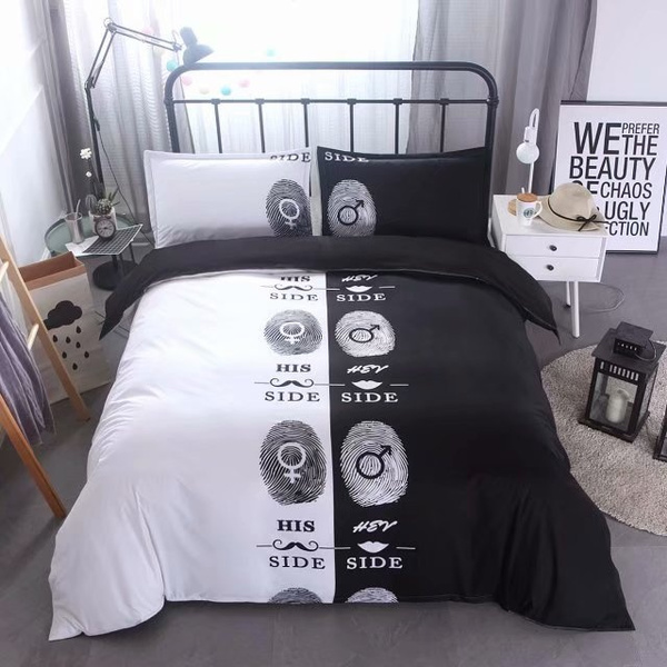White King Bed Size Duvet Quilt Cover Bedding Set Lover His and Her Side Black 