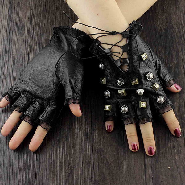 Womens Steampunk Fingerless Lace Up Metal Studded Gloves Biker Goth Gloves