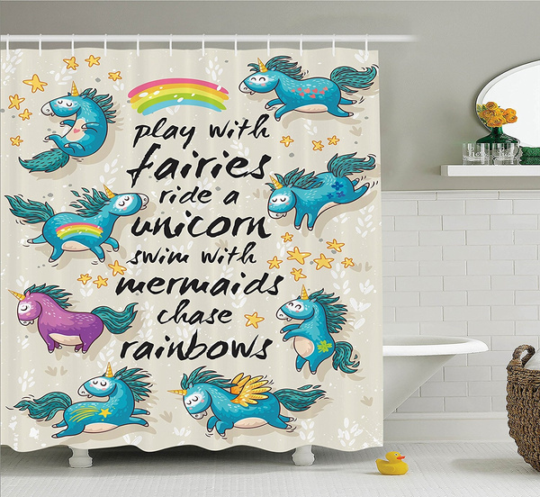 Cartoon Shower Curtain, Mythical Unicorns with Stars and Rainbow ...