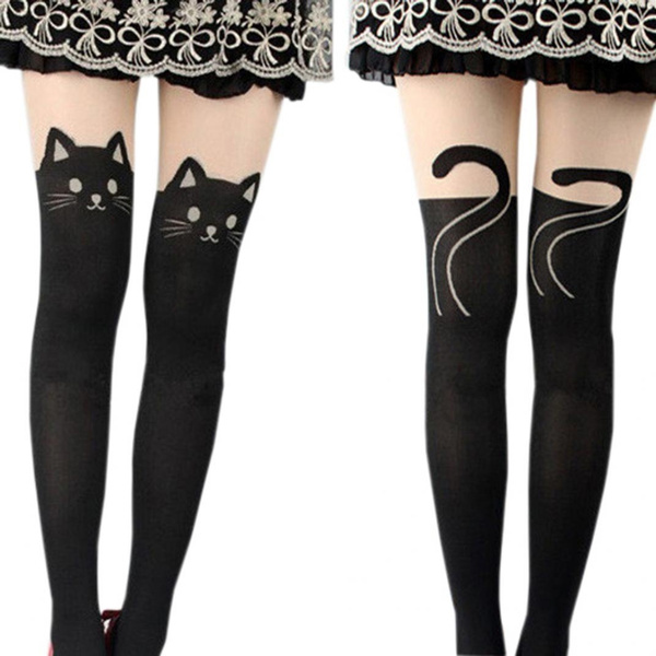 Hot Selling Sexy Cute Black Tattoo Long Socks Sheer Cartoon Cat Pantyhose  Stockings Tights