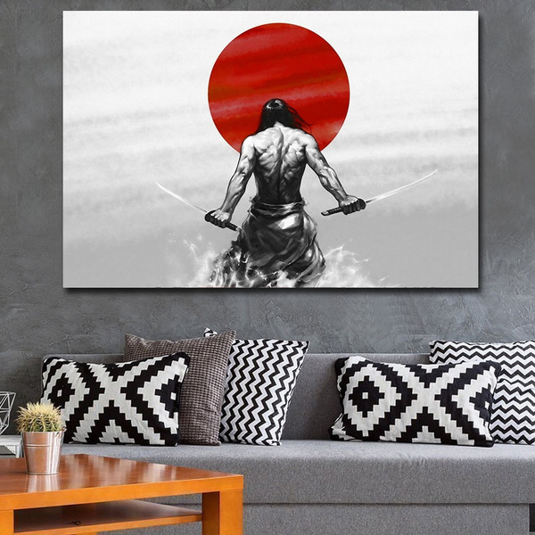 Modern Wall Art Decor Japan Ukiyoe Samurai With Double Katana Courage Canvas Printing Japanese Poster Home Decoration Red White Black Picture Paintings For Living Room Bedroom Wish - Samurai Home Decor