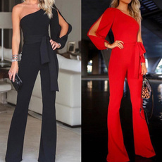 Summer Sexy Women Fashion One Long Shoulder Asymmetric Casual Jumpsuits Tied Waist Flared Rompers