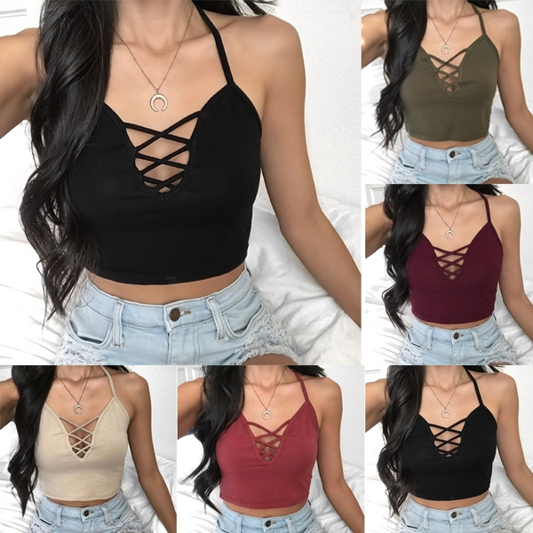 oversized S-5XL Sexy Women Cut Out Bustier Camisole Crop Top Bralette  Strappy Crochet Cropped Blusas Bandage Halter Tank Tops