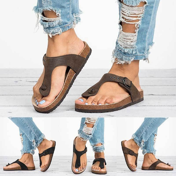 Women Summer Casual Gladiator Leather Flat with Buckle Flip Flops