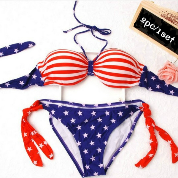 2pc 1set Summer Women American Flag Swimsuit Sexy Bra Swimwear