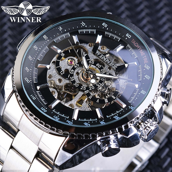 Winner Brand Mens Sport Watches Stainless Steel Band Steampunk Automatic Skeleton Watch For Business Gift Box