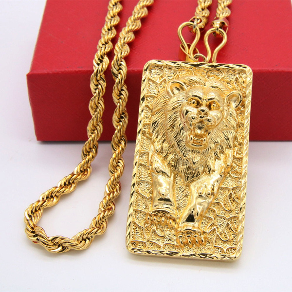 Big Lion Pattern Pendant Rope Chain Necklace 18k Yellow Gold Filled Solid  Mens Jewelry Hip Hop Style