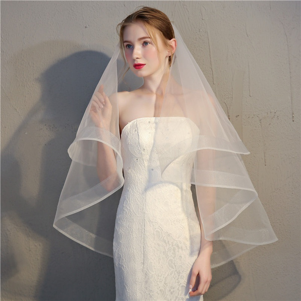 Horsehair Veil Wedding 2 Tiers Fingertip Length Blusher Veil  2" Chic Trims Cute