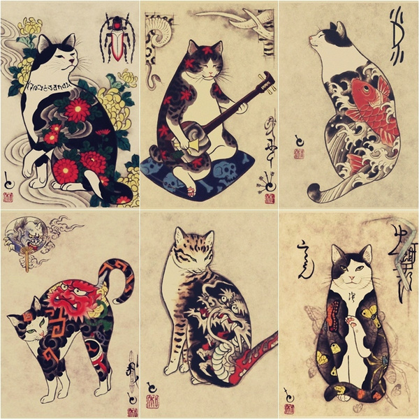 Japanese Ukiyo E Print Samurady Cat Tattoo Cat Tattoo Shop Retro Poster Kraft Paper Decorative Mural Mural Picture Wish