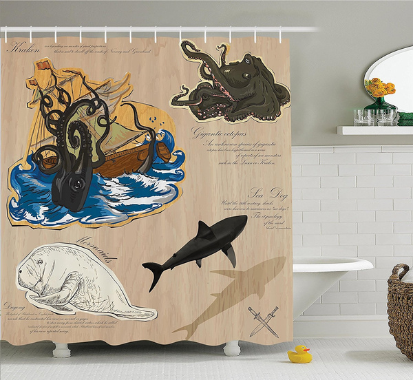 Mystic House Decor Shower Curtain Set Collection Of Marine Monsters Creatures Collage Kraken Octopus Sea Dog Mythical Animals Bathroom Accessories Wish