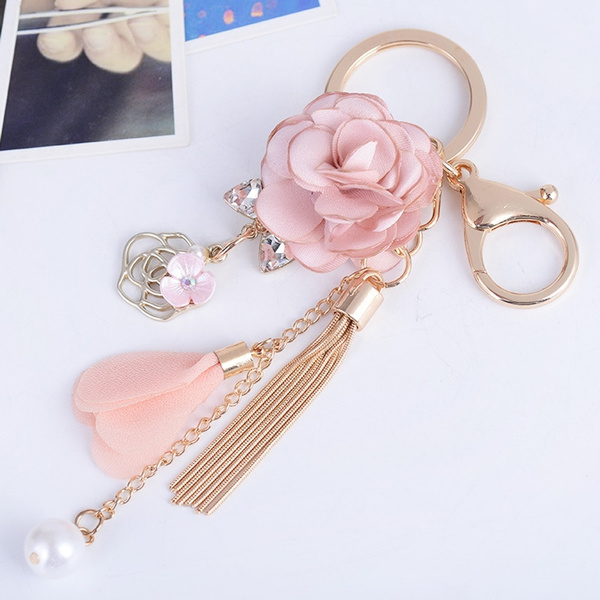 Beaums PU Leather Rose Flower Tassel Chain Pendant Key Chain Keyring Keyclip Hanging Decorations