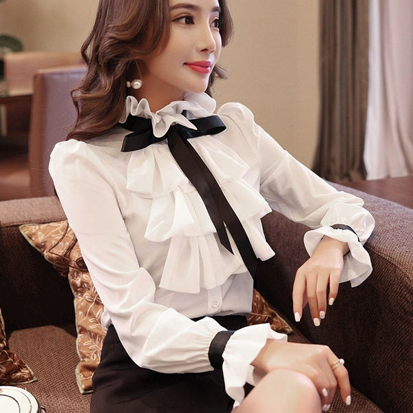 Women Ruffles White blouse Tops office Bow tie Flare sleeve Women clothing blusas feminina | Wish