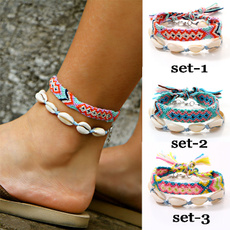 2pcs Retro Hand-woven Colourful Rope Conch Anklet Set Charm Ethnic Style Braided Blue Shell Bracelet Women Bohemia Beach Gifts Accessories