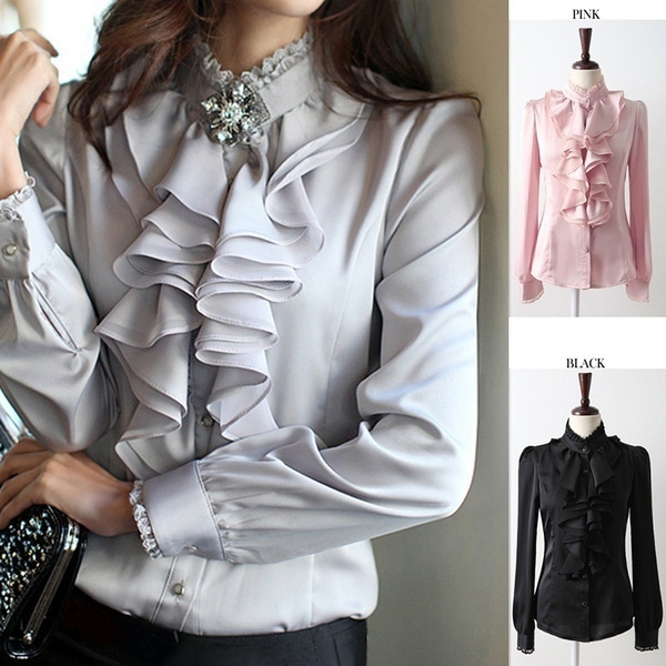 Womens Satin Silk-like Long Sleeve Office Slim Shirt Frill Drape Ruffle  Trim Stand Collar Blouse Top