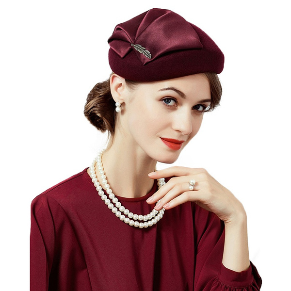 Ladies Wine Red Flower Wedding Party 100 Wool Pillbox Hat Elegant Winter Women Church Hats For Vintage Fedora Sombreros Wish