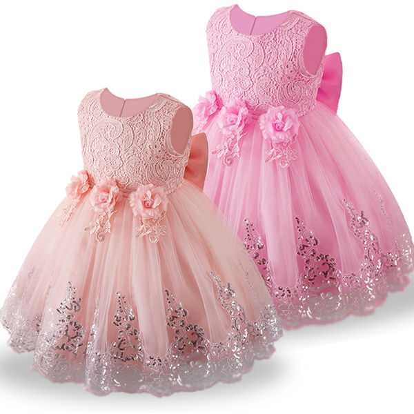 Satin Flower Girl Dress – Knee-Length, Fit & Flare, Pink Ribbon, Pageant/Christening