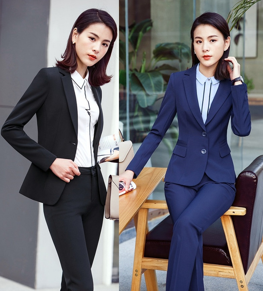 2018 New Styles Uniform Designs Formal Professional Black Navy Blue Women  Pantsuits With Jackets And Pants For Ladies Office Business Pants Suits  Female Trouser…