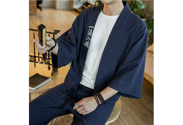 Japanese Men Kimono Jacket Embroidery Loose Coat Linen Cotton Cardigan  Outerwear