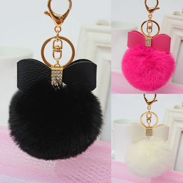 Rabbit Fur Pom-pom Key Chain Bag Charm Fluffy Puff Ball Bow Key Ring Car Pendant 