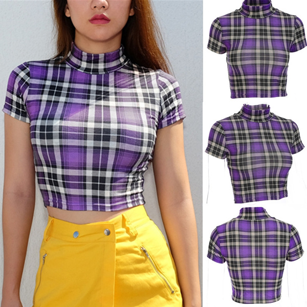 Women Plaid Short Sleeve Purple 
