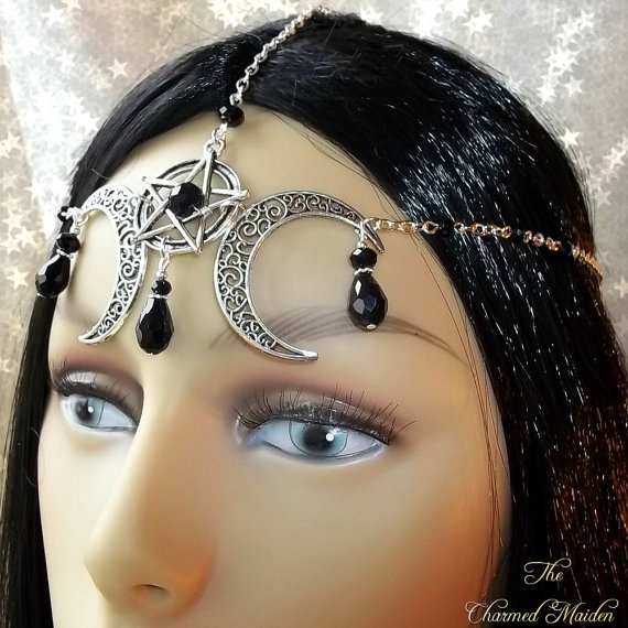 Witch Headdress Pentagram Black Moon Headpiece Gothic Halloween Costume Jewellery Goth Pagan Wicca Circlet Silver Pentacle Head Chain