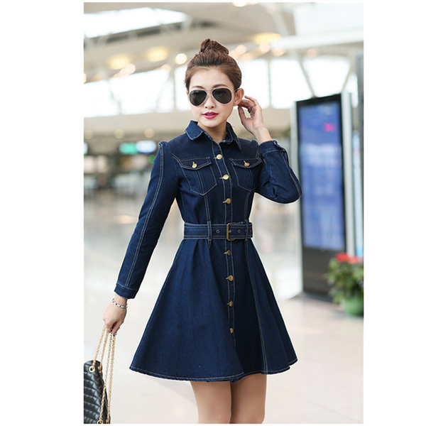 Women s Denim Dresses 2018 Summer New In Fashion Korean Style Retro Long Sleeves Solid Color Slim Female Denim Dresses