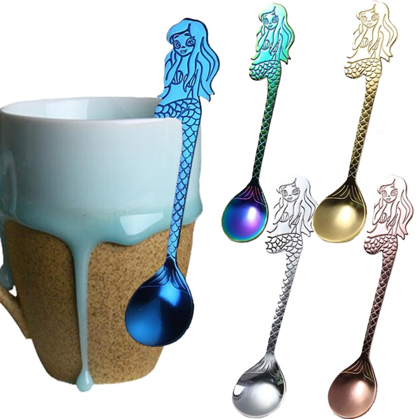Colorful Mermaid Shape Spoon Hanging Coffee Milk Juice Tea Mixing Spoon Kitchen 