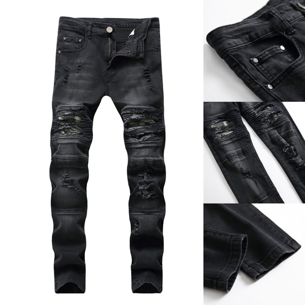 Mens Ripped Jeans Black Skinny Motorcycle Jeans Men Vintage Distressed ...