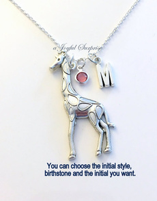 Giraffe Necklace, Giraffe Jewelry, Gift for Safari African Animal Silver Charm Initial Birthstone Birthday Present Large Long Chain Pewter