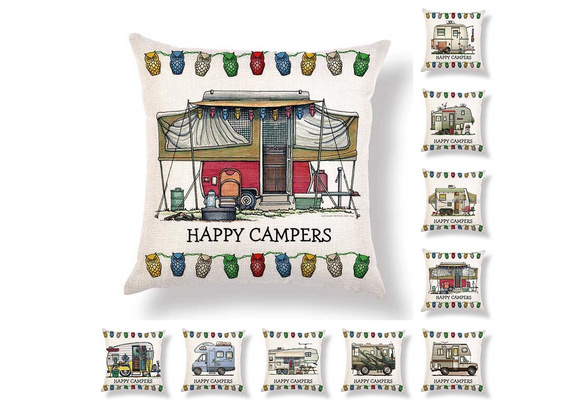 Happy Campers Linen Sofa Waist Throw Cushion Cover Pillow Case Home Decor UK