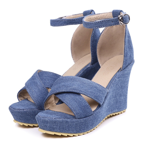 Women's Sandals Fashion Blue Denim Wedge Shoe Open Toe Platform Ankle  Buckle High Heels Casual Sandal 2023 New Summer - AliExpress