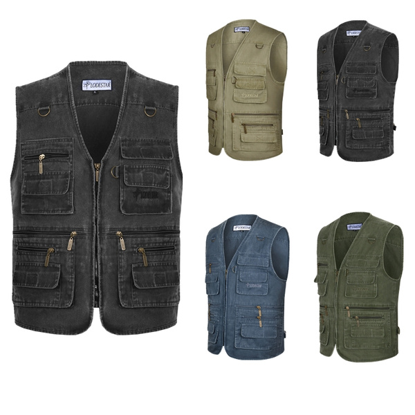 Men Multi Zip Pocket Waistcoat Sleeveless Cargo Jacket Work Travel Vest  Photographer Military Style Tactical Male Jacket
