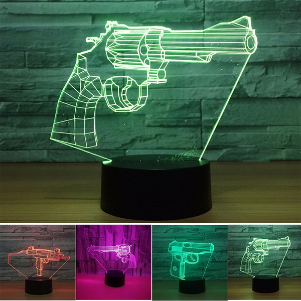Gun 3D Illusion LED Acrylic Night Lights Touch Switch Desk Lamp 7 colors USB 