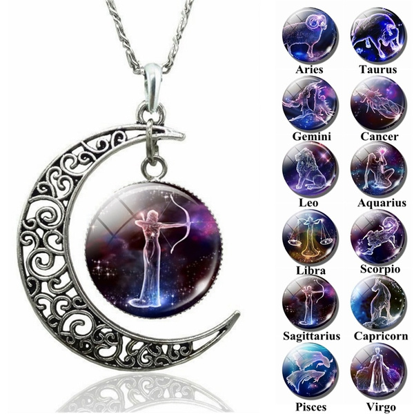 12 Constellations Glass Crescent Moon 