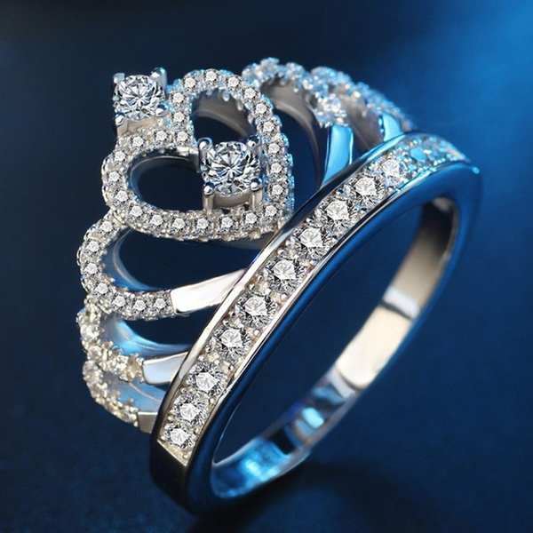 925 Princesa De Plata Esterlina Corona Corazón Anillo De 925 Princesa De Plata Esterlina Corona Corazón Anillo De