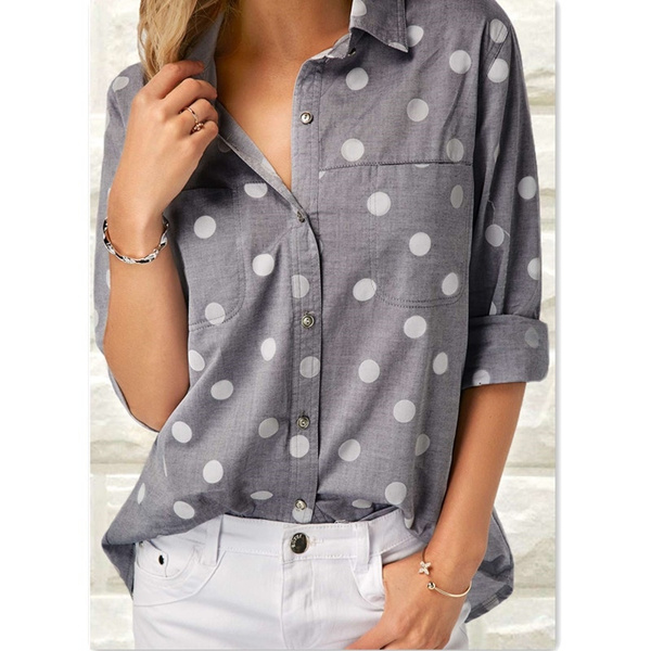 Women Fashion 3/4 Sleeve V-neck Blouse Polka Dot Print Turndown Collar ...
