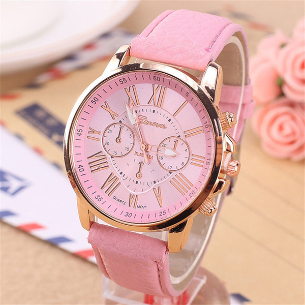new fashion geneva women leather band stainless steel quartz analog wrist watch